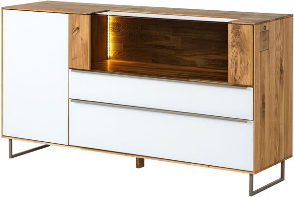 Sideboard Wildeiche 160x43x87 natur geölt / Glas weiß WIEN #120