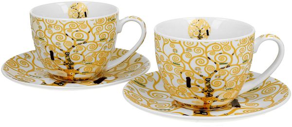 DUO ART GALLERY 2er-Set Tassen 270 ml TREE OF LIFE ECRU inspired by Gustav Klimt, New Bone China Porzellan