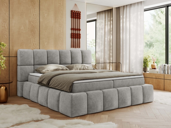 Boxspringbett mit dekorativem Kopfteil, Doppelbett mit zwei 7 Härtezonen Multipocket-Matratzen, Bettkästen, Polsterbett - NIRA - 160 x 200 cm - Hellgrau Struktur - H4