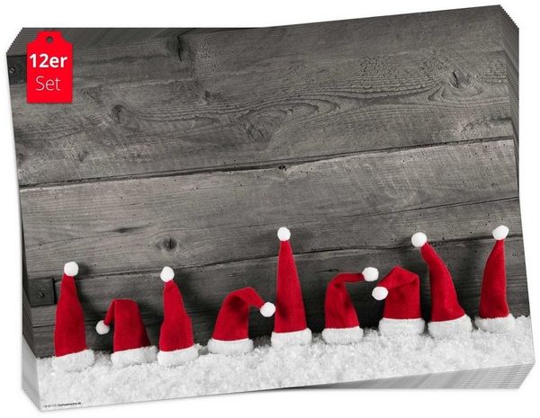 Tischsetmacher Platzset Tischsets I Platzsets - Weihnachten - Rote Zipfelmützen im Schnee, (aus Naturpapier in Aufbewahrungsmappe, 12-St, 44 x 32 cm / rot), Made in Germany