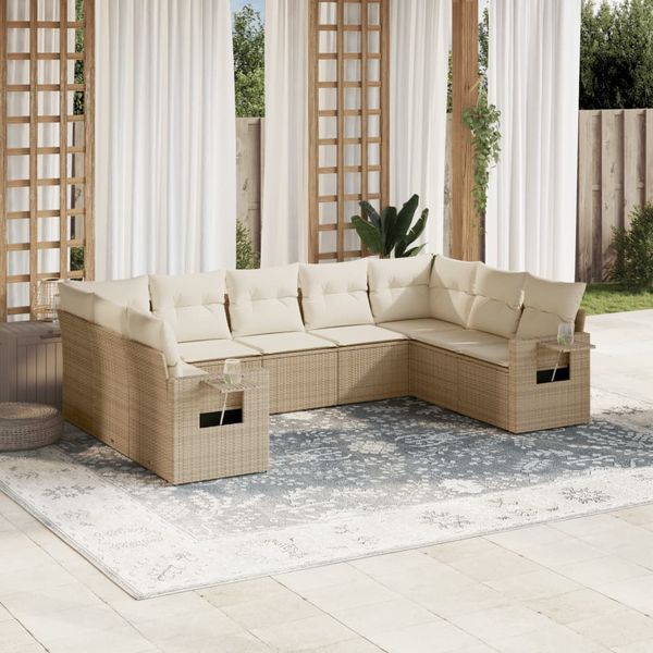 vidaXL 9-tlg. Garten-Sofagarnitur mit Kissen Beige Poly Rattan 3220597