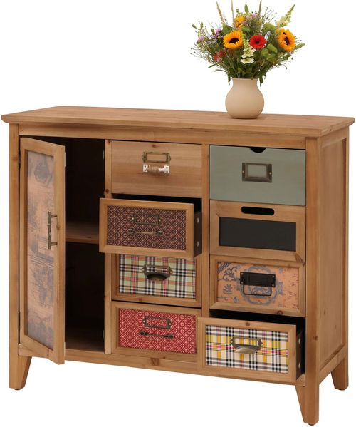 Apothekerkommode HWC-O63, Schrank Schubladen Etikettenhalter Vintage Shabby Muster, Holz 80x91x40cm ~ Korpus Natur