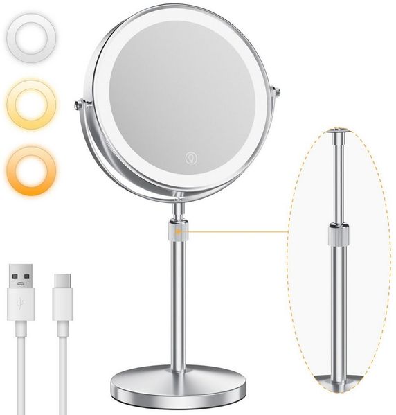 skelo Kosmetikspiegel Schminkspiegel mit Beleuchtung, 10-fach Vergrößerung, Höhenverstellbar (1-St, Kosmetikspiegel mit Standfuß, Standspiegel doppelseitig), 2000mAh, 10X Vergrößerung, Höhenverstellung 39-49 cm, 3 Farbtemperatur