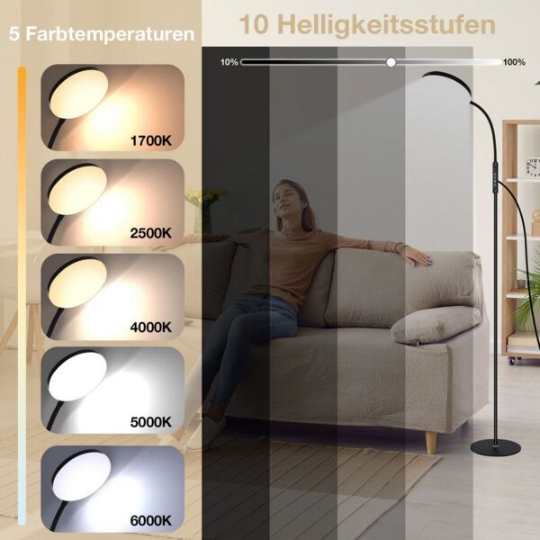 MUPOO LED Stehlampe LED Stehleuchte Weiß/Schwarz mit Schwanenhals,165cm, 10 Helligkeitsstufen & 5 Lichtfarben,mit Fernbedienung,16W,Timer