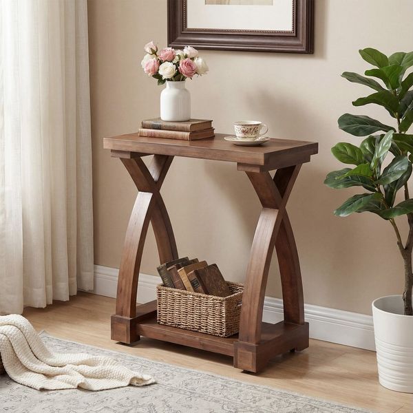 Tribesigns Beistelltisch aus Massivholz, Schmaler Sofatisch mit 2 Ablagen (60 cm (L) x 30 cm (B) x 65 cm (H), Rustikal kleiner Beistelltisch für Wohnzimmer, kleine Räume