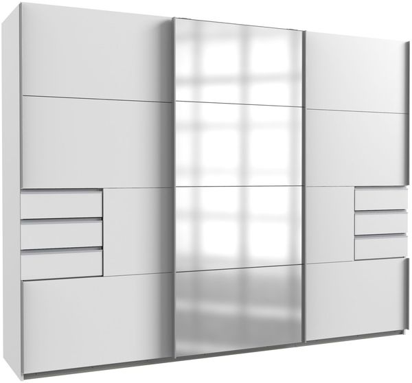 Kleiderschrank Saigon in Weiß und Alu-Griffen mit einer Spiegel Türfront – Schwebetürenschrank in verschiedenen Größen wählbar - Schwebetürenschrank 3 türig - 270 cm Breite