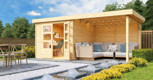 Karibu 19mm Gartenhaus Askola 3,5 mit Anbau 2,80m unbehandelt mit Rückwand