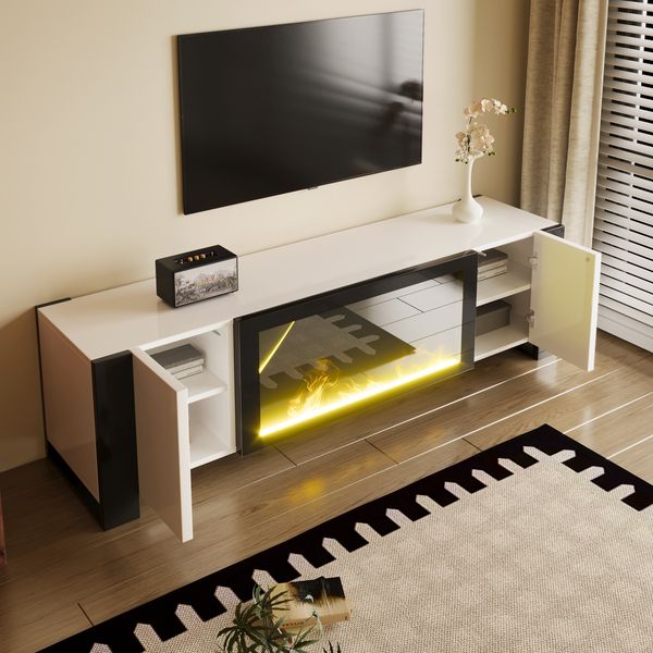 TV-Schrank 165 x 32 x 55 cm mit Elektrokamin, Hochglanz-Front und 2 Türen
