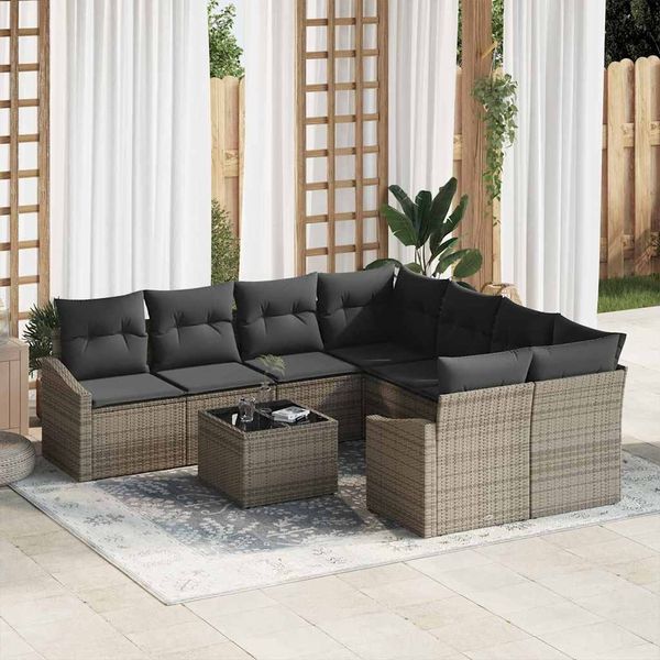 vidaXL Sofa Set mit Kissen mit Speicher 9 pcs Grau Poly-Rattan 3355328