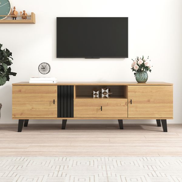 TV-Schrank 170 x 40 x 50,5 cm in Holzoptik und Schwarz mit 2 Türen, 1 Schublade und offenem Fach