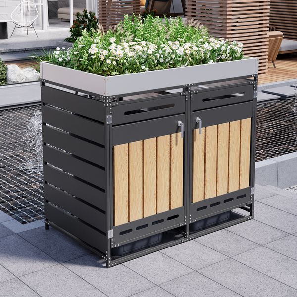 Merax Mülltonnenbox Mülltonnenschrank für 2 Tonnen 120–240L mit Pflanzfläche und Schloss