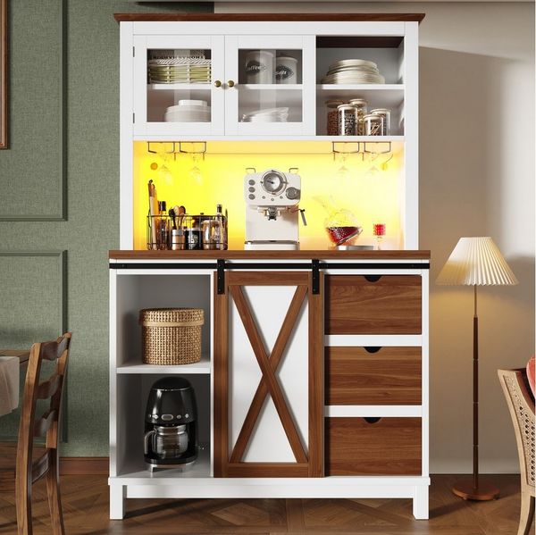 Flieks Küchenbuffet mit LED-Beleuchtung, Glastüren, Schiebetür und Schubladen (1-St, B104/T40/H180 cm) Hochschrank Küchenschrank Geschirrschrank mit verstellbare Ablagen