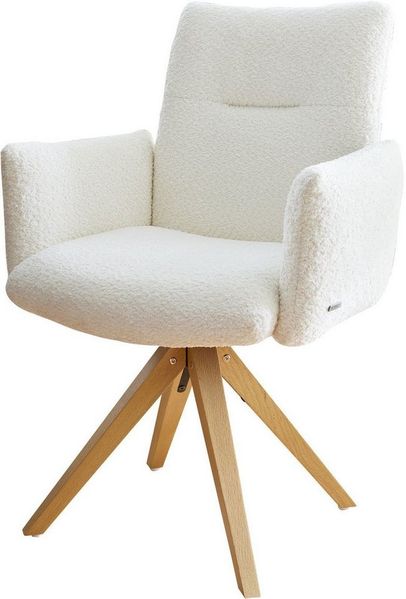 Drehstuhl Jova-Flex mit Armlehnen Bouclé Weiß Holzgestell kantig Natur 180° drehbar Taschenfederkern