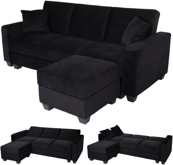 Sofa HWC-H47 mit Ottomane, Couch Sofa Gästebett, Schlaffunktion Stauraum 217x145cm ~ Samt schwarz