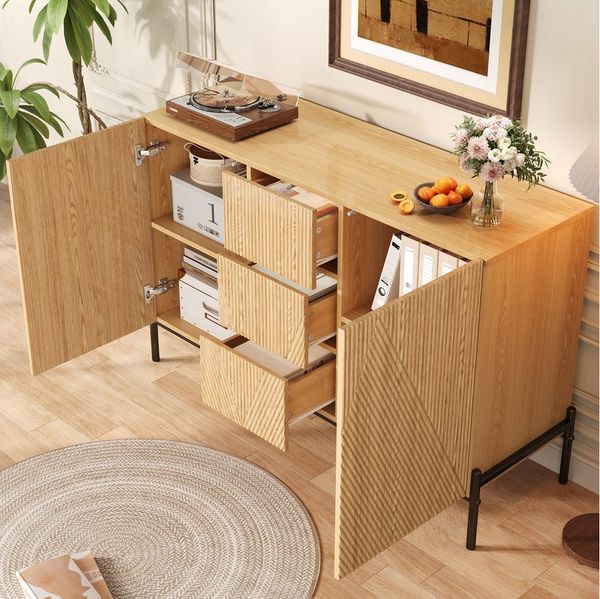 OKWISH Sideboard 115,5x76x40 cm aus MDF mit 2 Türen & Schublade (Packung, 2 St, mit großer StauraumModernes Sideboard mit geometrischer Struktur), Multifunktionaler Schrank für Wohn-/Esszimmer