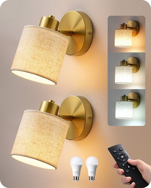 EDISHINE Wandleuchte 2er Set moderner Innen-Wandleuchten, LED wechselbar, 3000K-6500K, Stufenlos dimmbar, 3 Lichtfarben, inkl. Glühbirnen und Fernbedienung