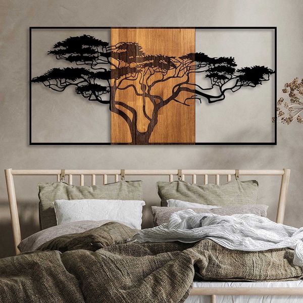 dekoratives Wandaccessoire aus Holz, 'Acacia Tree', 70 x 3 x 147, Schwarz, Nussbaum
