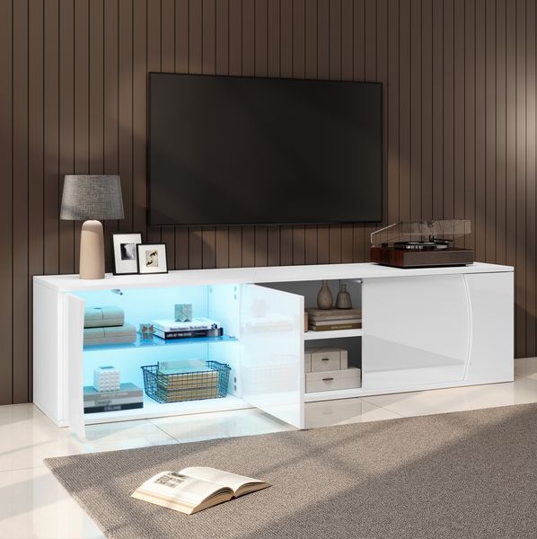 TV-Schrank 180 x 40 x 45 cm mit 3 Türen und LED – Lowboard in Weiß mit Hochglanz-Front
