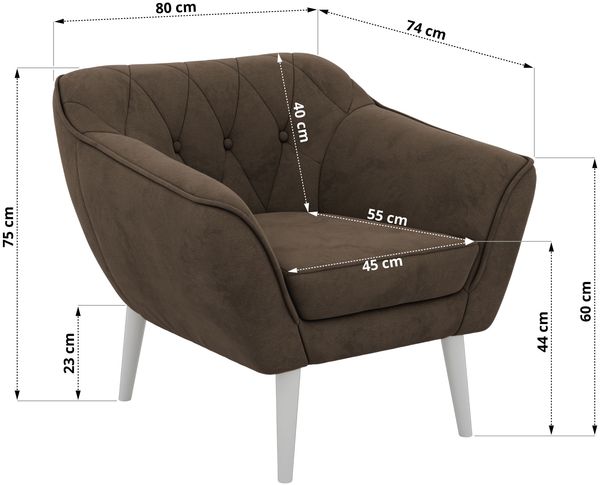 Polstersessel PIRS 1 skandinavischer Design 1-Sitzer, Sessel mit Wellenfederung, weiße Füße, Einzelsessel, Hoher Sitzkomfort - Braun Velvet Bild 5