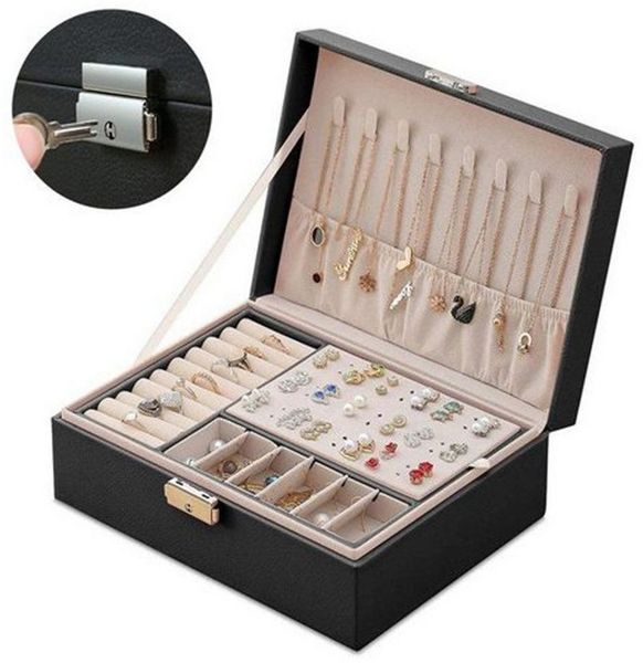 FOUORTUNATE-BEE Schmuckkasten 2-schichtiger Schmuckkasten mit Schloss, 2-lagige Leder-Schmuckbox mit Schloss, abnehmbare Fächer