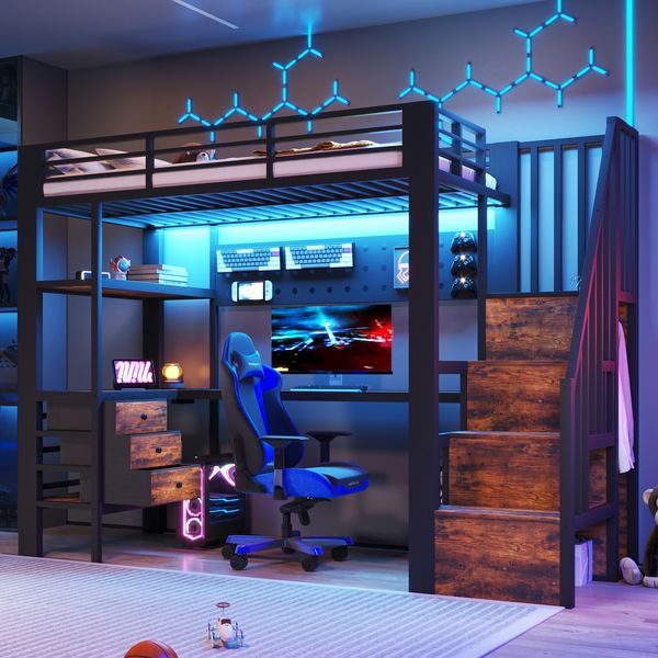 Merax Hochbett, Kinderbett 90 x 200 cm, Einzelbett, Metallbett, mit Ablagefläche, Schublade, Lochwand, Tisch, Steckdose, LED-Licht, ohne Matratze, Schwarz
