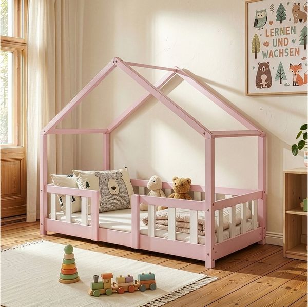 en. casa Kinderbett, »Treviolo« Haus-Optik Montessori 70x140 cm Rosa / Weiß