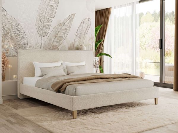 Design Polsterbett LUMARO CLASSIC 200 x 200 cm mit Lattenrost & 12cm hohen Füßen, Doppelbett mit Kopfteil, Konfigurierbar, Pocket Matratze - Creme Strukture - VIRE LUX