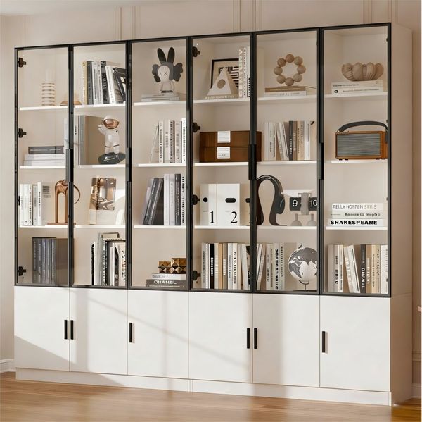 MODFU Vitrine Regal 240x200x32 cm mit 12 Türen, aus MDF & Glas, mit LED-Beleuchtung (Packung, 2-St, Stauraum mit integrierter Kippsicherung) Schlanke 200cm Vitrine, Elegante Präsentation für Sammlerstücke