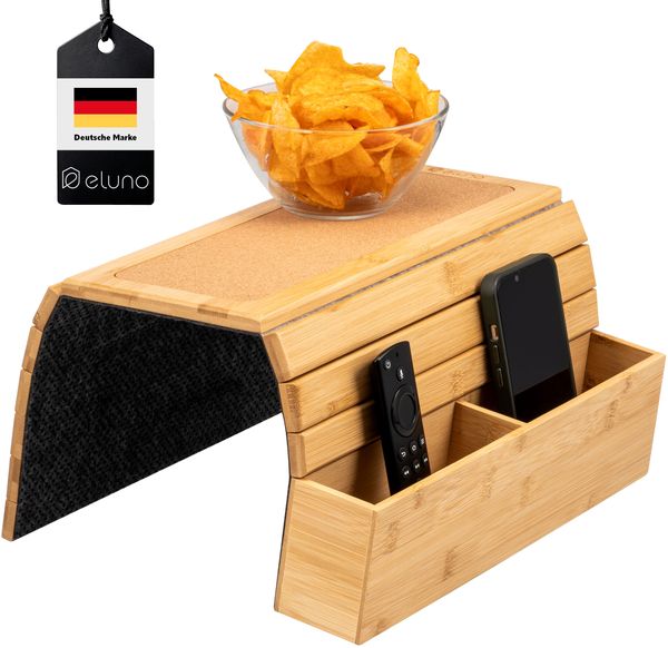 eluno Sofatablett mit Korkablage und seitlichen Fächern, faltbare Ablage für Snacks, Handy uvm, Bambus
