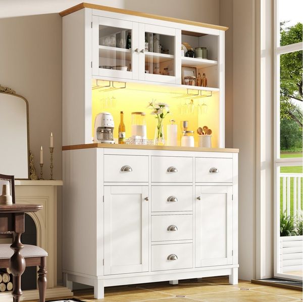 Flieks Küchenbuffet mit Arbeitsplatte in Holzoptik Natur & LED-Beleuchtung in Retro-Stil (1-St, B104/T40/H180 cm) Hochschrank Küchenschrank mit Gläserhalter, Schubladen und Glastüren