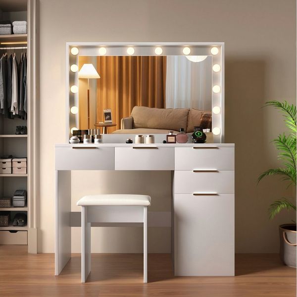 oyajia Schminktisch Schminktisch-Set mit Stuhl,Kosmetikschrank,mit USB-Anschluss (Schminkspiegel, LED-Beleuchtung, Touch-Dimmen), Verstellbare dreifarbige,Führungsschiene aus Holz,Kosmetikspiegel