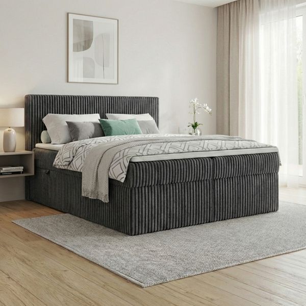 Boxspringbett RALF 160 x 200 cm mit Bettkasten, Topper und gepolstertem Kopfteil. Farbe: Dunkelgrau, Härtegraden: H3 , Topper: T25-Topper