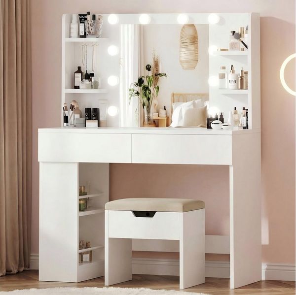 HOMALL Schminktisch mit Spiegel, LED-Beleuchtung, einstellbare Helligkeit, ostern (Länge × Breite × Höhe) 90/110 × 40 × 135 cm, 8 offene Fächer (2 seitliche Fächer sind nach links und rechts verschiebbar), 2 große Schubladen – Ostergeschenk)