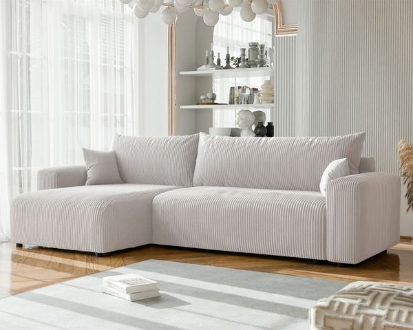 Ecksofa mit Schlaffunktion LUNA MAX in Stoff Poso Altweiß Ottomane Links