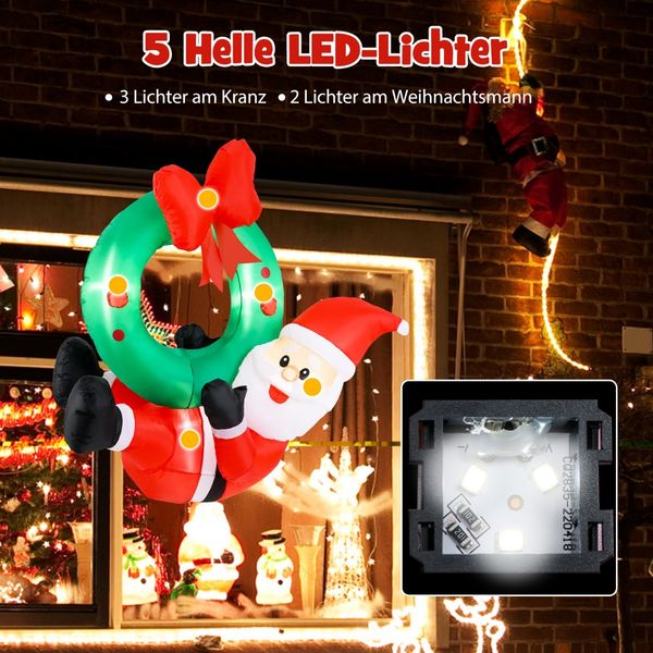 120CM Aufblasbare Deko Weihnachten LED Weihnachtsmann mit Kranz Weihnachtsdekoration Wand draußen
