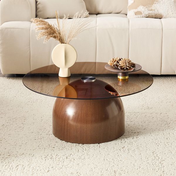 Flieks Runder Glas-Couchtisch Ø70 cm mit Sockel in Walnussoptik, moderner Wohnzimmertisch aus gehärtetem Glas & Metall, Braun