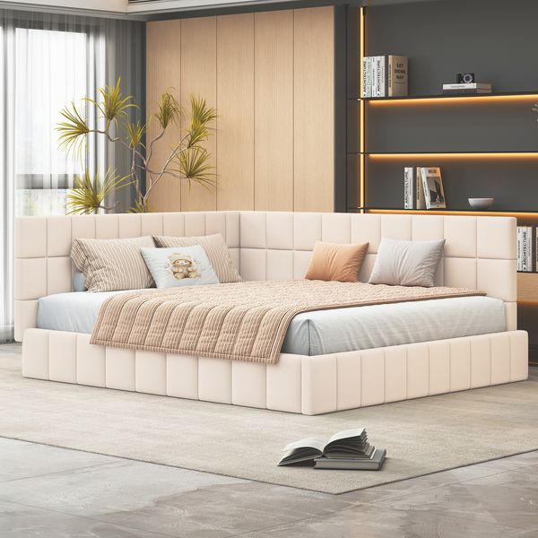 Elegantes Tagesbett 160x200 cm, gepolstert mit Samt, umwandelbar als Sofa, stabiler Rahmen,Beige,inklusive Schaummatratze