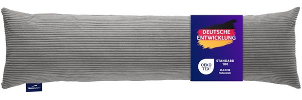 Traumnacht Seitenschläferkissen aus gemütlichem Cord-Bezug, steingrau, 1.300 Gramm Füllgewicht mit Reißverschluss, 40x145 cm, waschbar, entwickelt in Deutschland