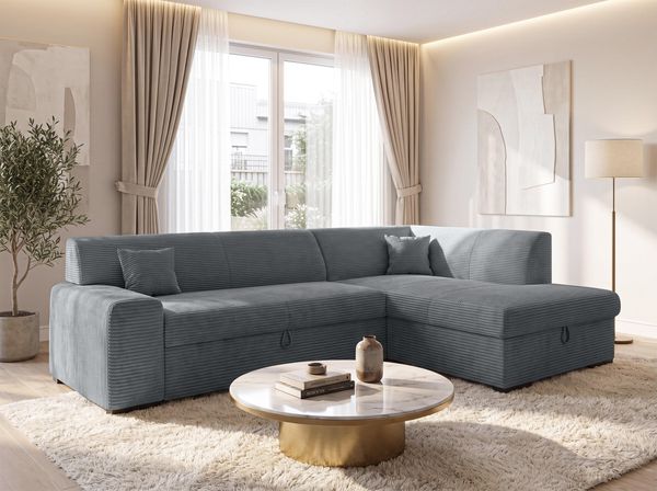 AX LIVING Ecksofa Grau Lucera 260 cm Schlafsofa mit Bettkasten R
