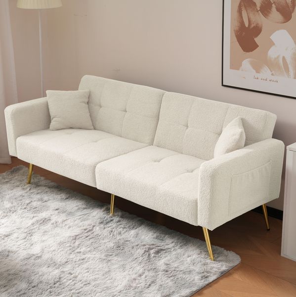 Schlafsofa 175 x 64 x 72 cm mit Bettfunktion, Seitentaschen und vergoldeten Beinen