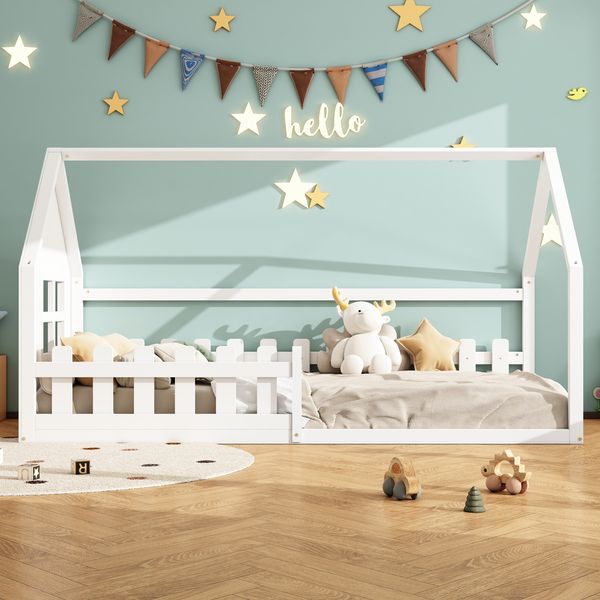 Kinderbett 90x200 cm Hausform, Kiefer + MDF, weiß – Flachbett mit spielerischem Design