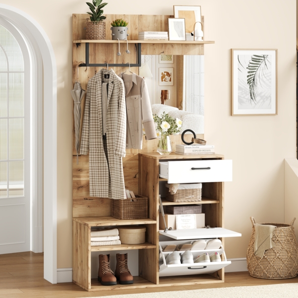 Flur Schuhbank 100×38,5×190 cm mit Spiegel, Klapptüren, Schublade, Sitzbank, großer Stauraum, Weiß-Holz Garderobenschrank