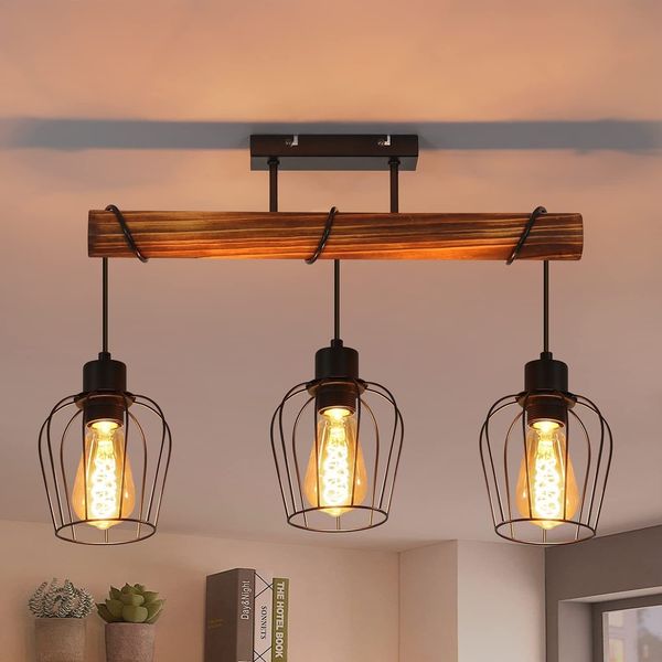 ZMH Deckenleuchte 3 Spots Metall und schwarzes Holz E27 Vintage Wohnzimmerlampe aus geflammtem Holz im Industriedesign mit verstellbarer Höhe ohne Leuchtmittel
