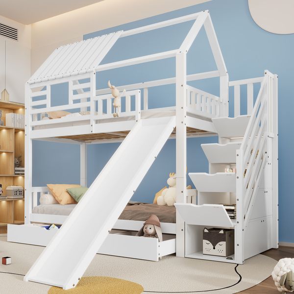 Etagenbett 90×200 cm mit Rausfallschutz, Treppe, Rutsche und Hausdach, Weiß, ohne Matratze