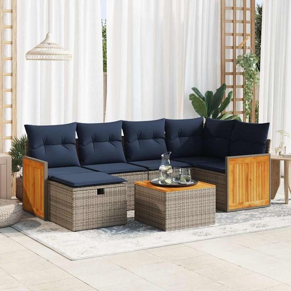 vidaXL 7-tlg. Garten-Sofagarnitur mit Kissen Grau Poly Rattan 3326037