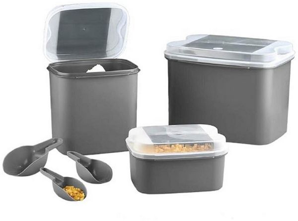 Vip Ahmet Vorratsdose Vorratsdosen Set, (3er Set, 10 L + 4.5 L + 1.6 L), Grau, Kunststoff, (3-tlg, 1x1,6L Behälter, inkl. Messlöffel, 1x10L Behälter, 1x4,5L Behälter), mit Messlöffel