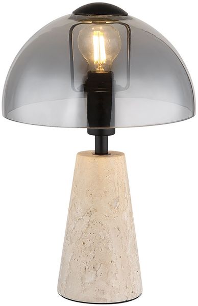 Tischleuchte, Travertine Stein, Glas rauchfarben, H 31 cm