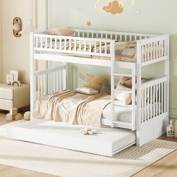 Etagenbett aus Kiefernholz & MDF mit Ausziehbett und Treppe, 90x200 cm, Weiß, ohne Matratze
