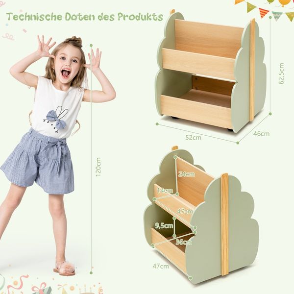 Kinder Bücherregal aus Holz mit Universalrädern 2 Ebenen Spielzeugregal auf Rollen Grün