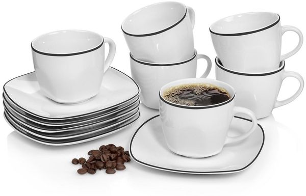 SÄNGER Kaffeeservice Bilgola Black Rim Tassen Set (12-tlg), 6 Personen, Porzellan, 150ml, ⌀8x8cm, spülmaschinengeeignet, Premium Collection
